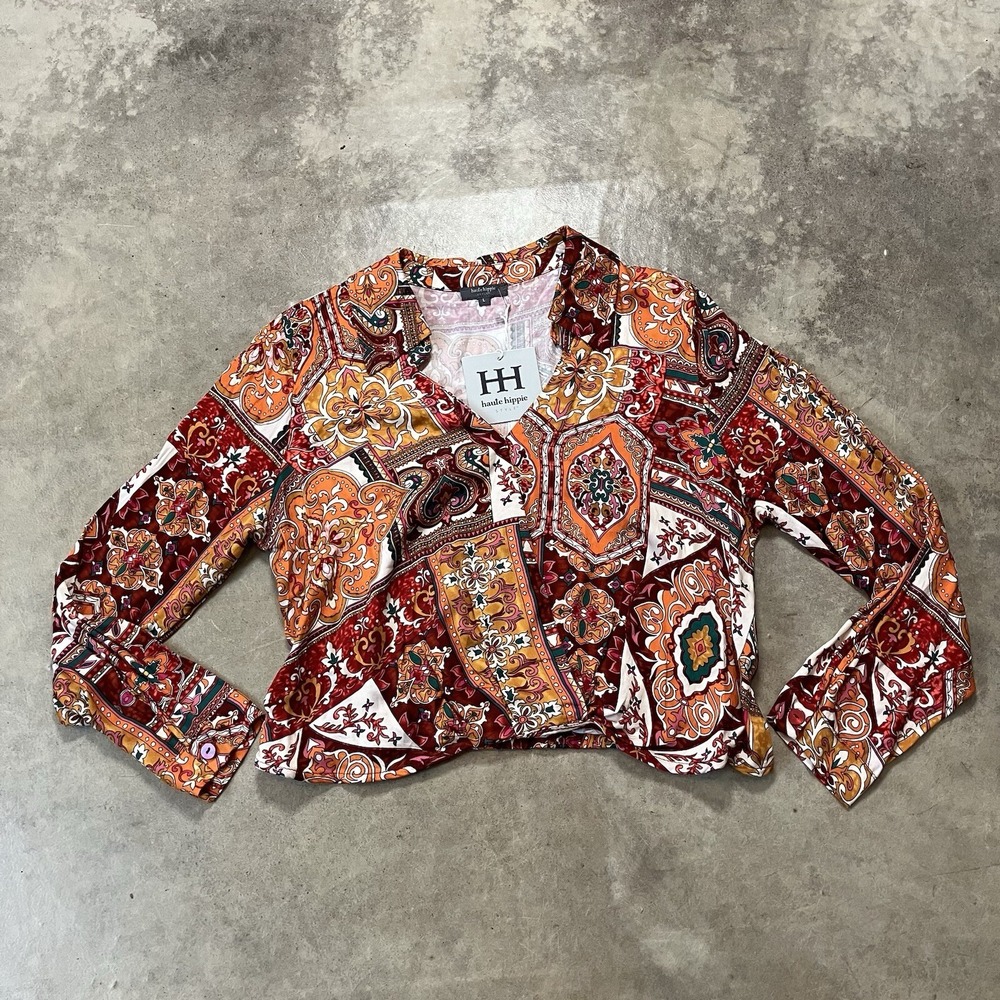 Haute Hippie Style NWT Womens Size Large Boho Paisley Faux Wrap Cropped Blouse